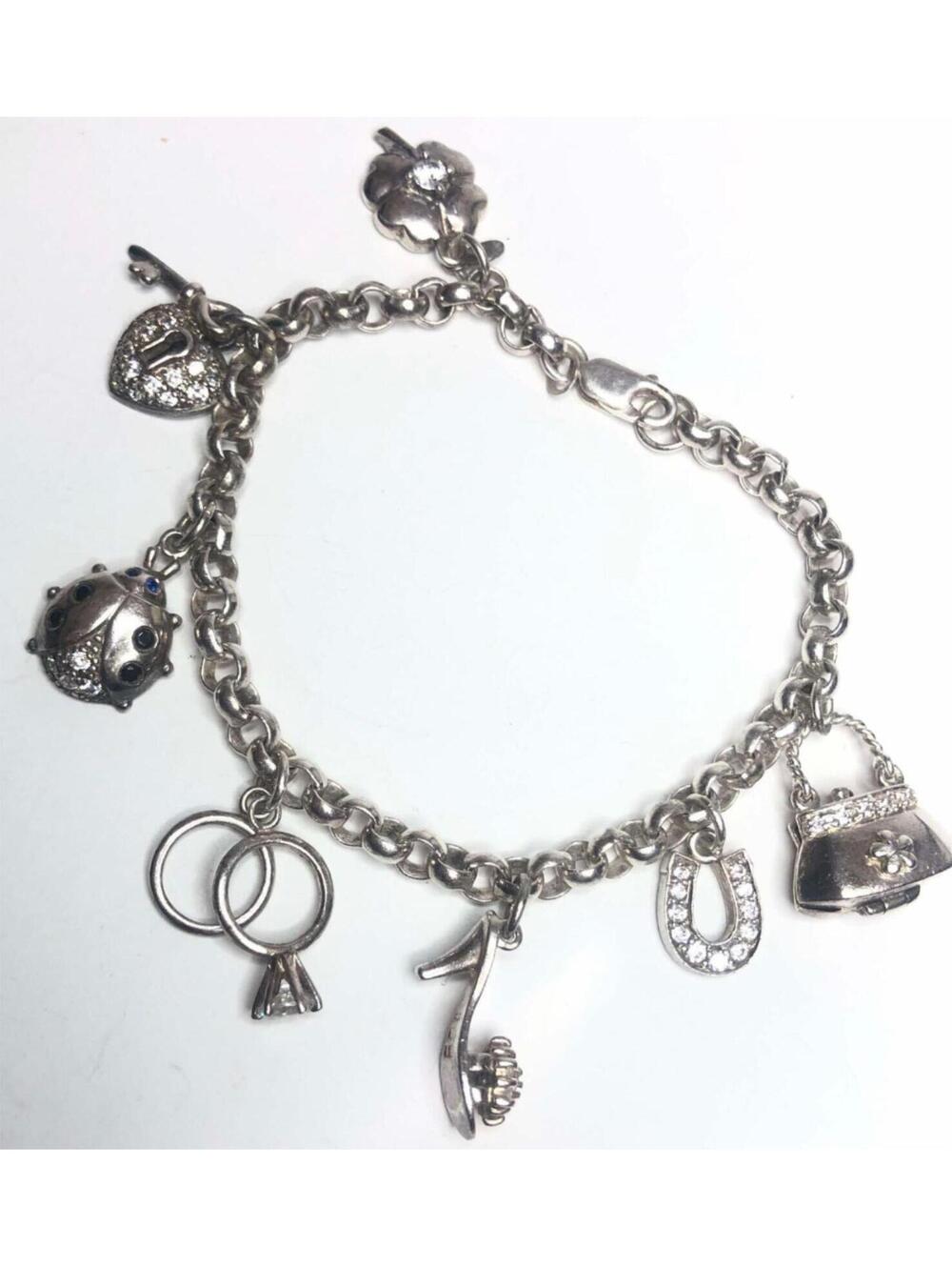 861 Sterling sliver .925 lucky Charm bracelet ladybug, Purse, clover, shoe heart